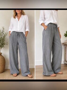 Koman Sport Linen Blend Pants 2XL Gray Elastic Waist Drawstring Casual